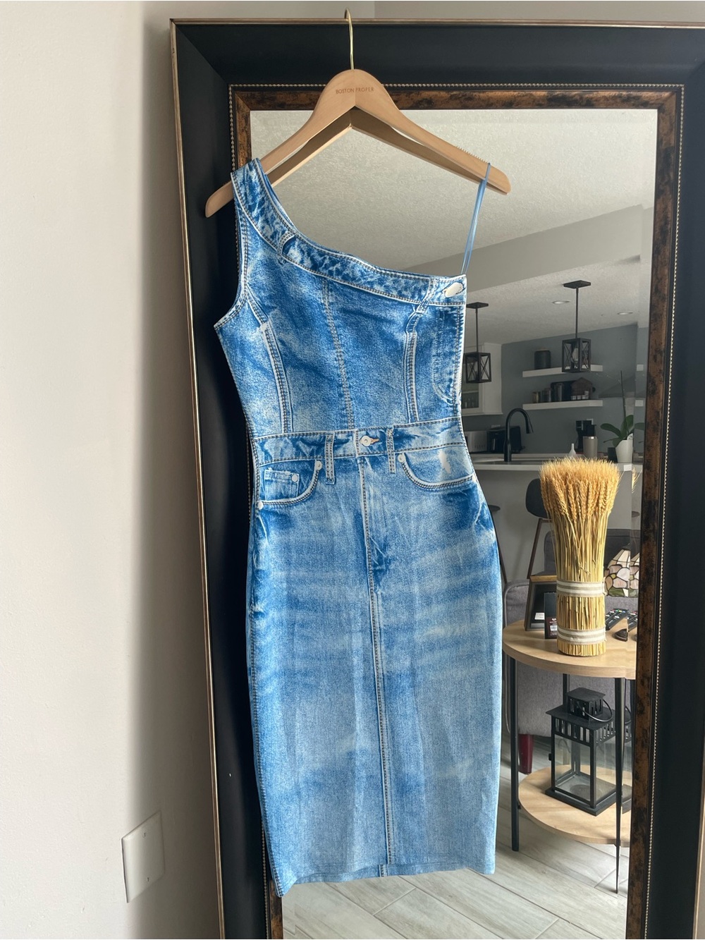 Her..Bottari One Shoulder Faux Denim Look Midi Dress – Blue – Size M - Picture 2 of 5